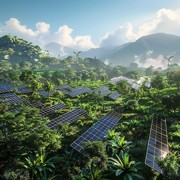 Photo there are many 3d illustrations of photovoltaic panels surrounded by green plants in the background