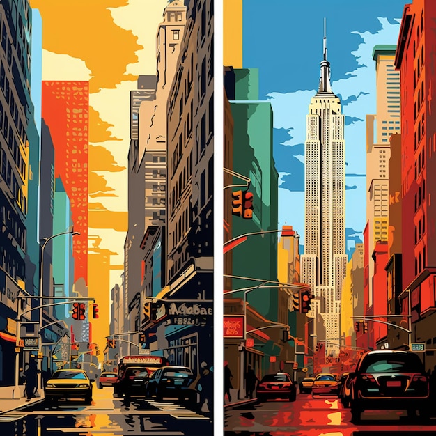 There are two pictures of a city street with cars and buildings generative ai