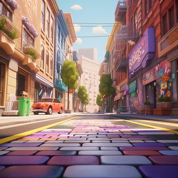Photo there is a car driving down a street in a cartoon city generative ai