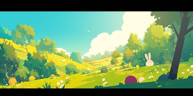 there is a cartoon picture of a field with trees and a bunny generative ai