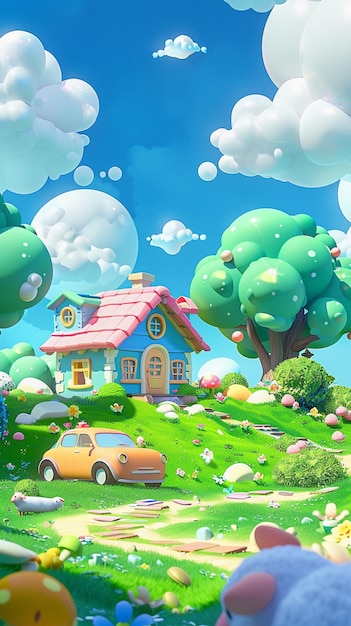 Photo there is a cartoon picture of a house and a car in a field generative ai