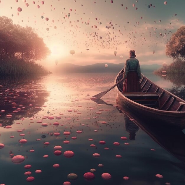 There is a man in a boat on the water with many balloons generative ai