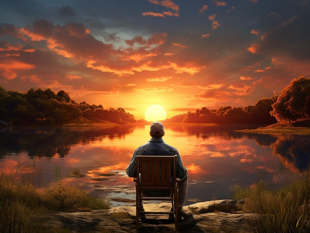 There is a man sitting on a bench looking at the sunset generative ai