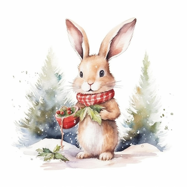 There is a rabbit that is standing in the snow with a scarf generative ai