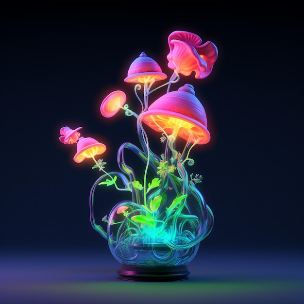 there is a vase with flowers that are glowing in the dark generative ai