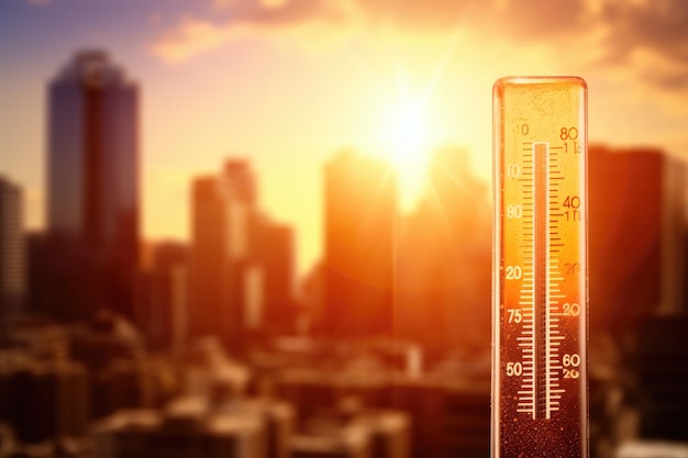 Photo thermometer on the background of the city and the setting sun thermometer with high temperature on the city with glowing sun background ai generated