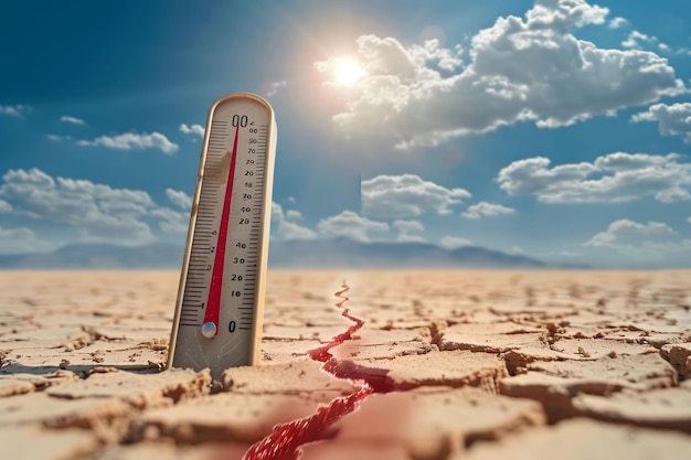 Photo thermometer in cracked earth under scorching sun concept of global warming climate change heatwave drought and environmental crisis