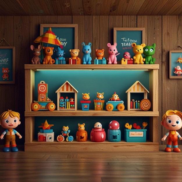 This cartoon landing page shows funny toys for kids on a wooden shelf in a shop