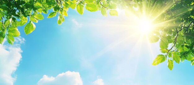 Photo in this design a sun shines through a blue sky and green leaves creating a fresh atmosphere that is appropriate for ecofriendly products