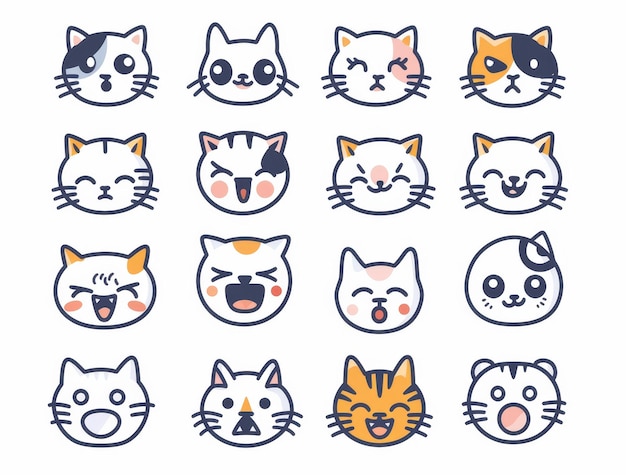 This is a black and white clipart set of cute cartoon cats