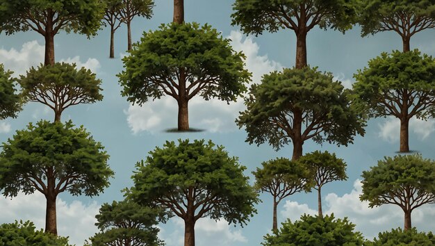 Photo this is a repeating pattern of cartoon trees with puffy white clouds in the background