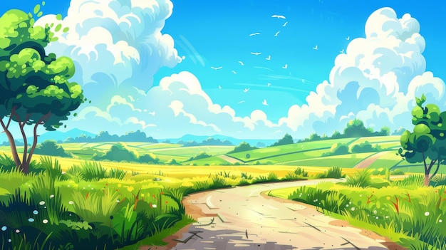 This modern cartoon illustration depicts rural countryside with a road and green trees with a blue sky and white clouds in the distance