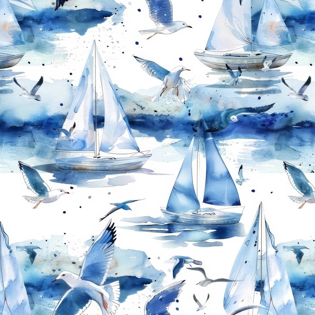 Photo in this watercolor seamless pattern with a yacht sailboat sea seagulls clouds on a white background nautical elements are included