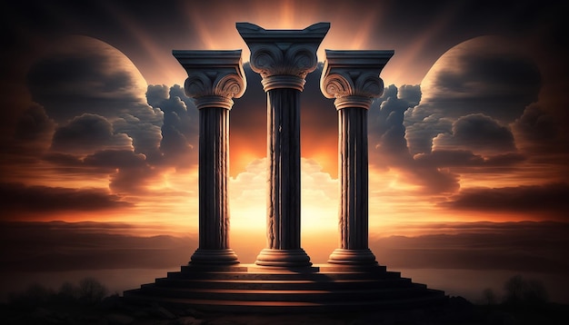 Three ancient pillars with sunset sky background Generative AI