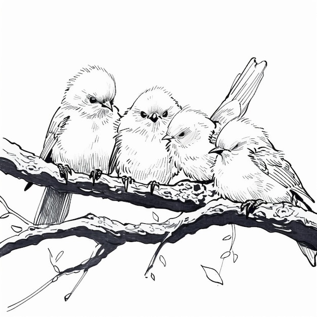 Photo three birds sitting on a branch of a tree with leaves generative ai