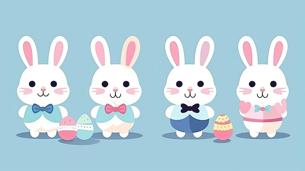 Photo three bunny rabbits with a blue background with easter eggs