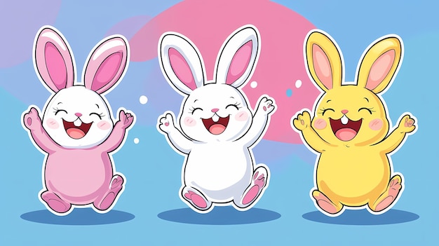 Photo three cheerful cartoon bunnies in pastel colors celebrating with joy