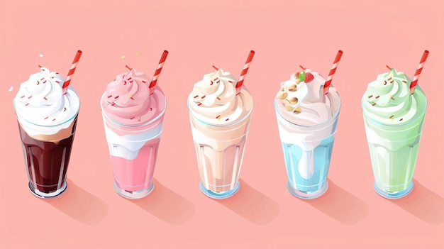 Photo three colorful milkshakes with whipped cream and toppings