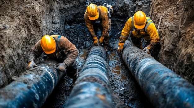 Three construction workers in hard hats are working on large pipes buried in the ground