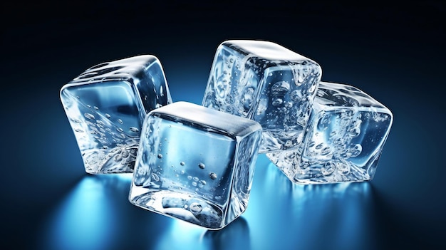 Three crystalclear ice cubes with glistening water droplets on their surfaces