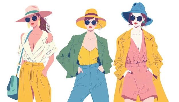 Photo three fashionable women wearing sunglasses and hats