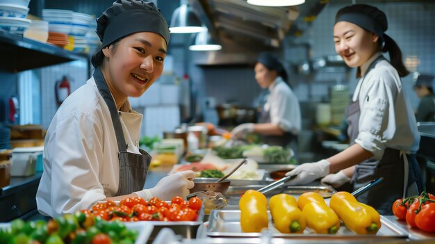 Three happy female chefs in a commercial kitchen They are all wearing chefs whites