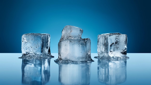 Three ice cubes on blue background