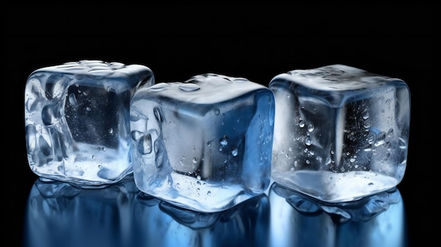 Three ice cubes with water droplets on them