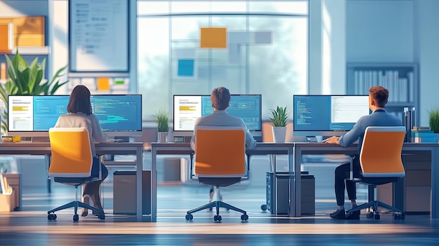 Photo three professionals working at computers in a modern office