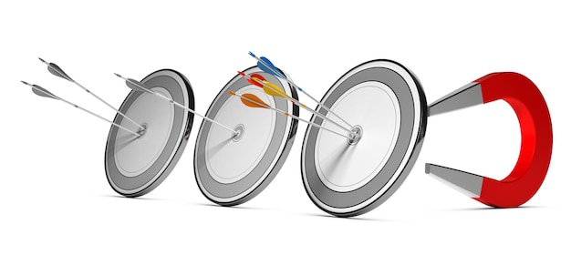 Three targets with many colorfull arrows hitting the first one with a horseshoe magnet at the background. Concept image suitable for marketing purpose and winning new customers illustration.