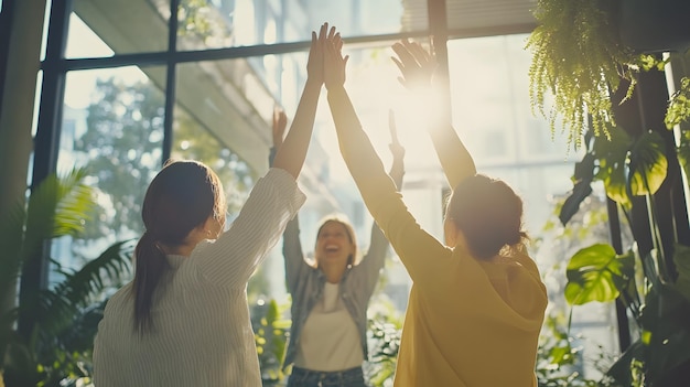 Foto tre donne con le braccia alzate in un ufficio illuminato dal sole