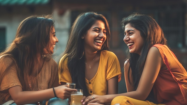 Three women laughing and having a beer at a bar