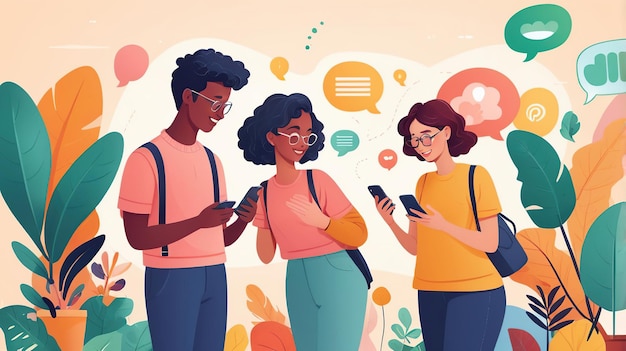 Three young adults in casual clothing stand together each looking at their smartphones surrounded by speech bubbles filled with social media icons suggesting they39re engaging with social media