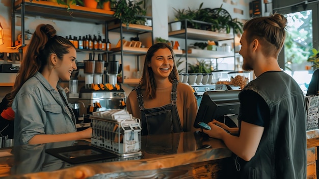 Three young people are standing in a coffee shop