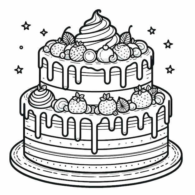 A threelayered cake with frosting and a decoration on top coloring page