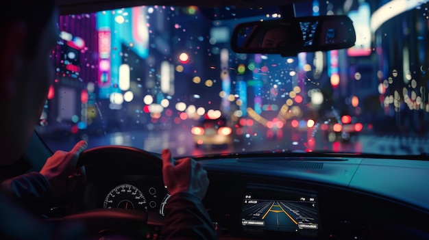 Photo through a cars windshield youre immersed in a night cityscape filled with vibrant blurred lights reflecting the energy and pace of urban nightlife