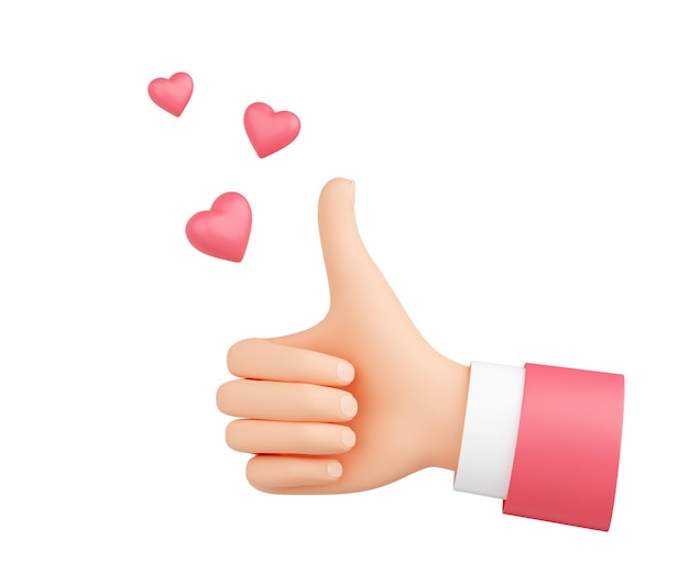 Thumbs up gesture with flying hearts 3d render like or positive feedback concept