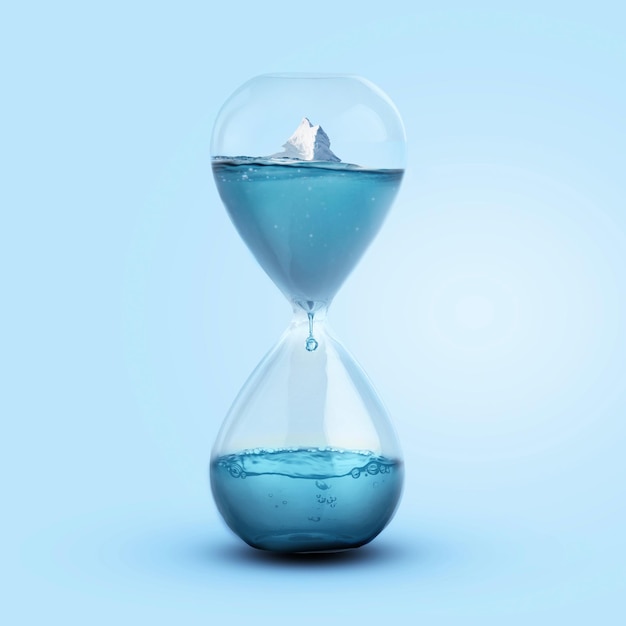 Time and Melting Glaciers Concept Iceberg melting in a glass clock Pollution and global warming a creative idea