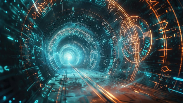 Photo time travel concept with a cosmic tunnel lined with ancient runes and futuristic symbols