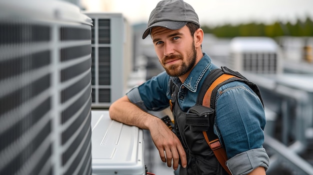 On the top floor an air conditioning repair worker tackles fixing the system and space Generative AI