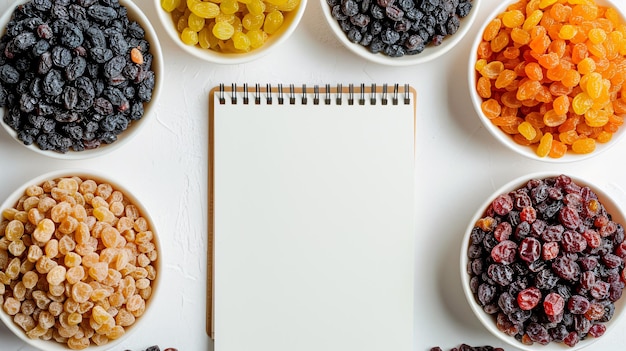 Top View Different Raisins with Notepad on Wooden Surface