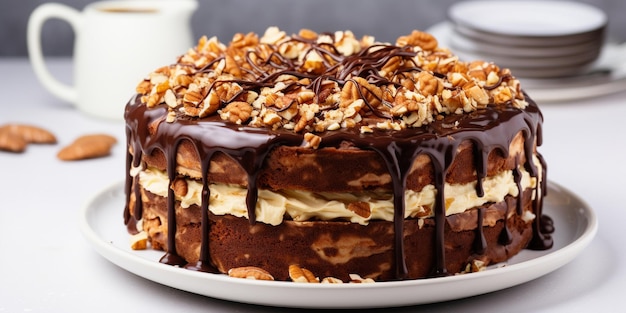 Top view of German chocolate cake on white background with copy space Delicious fresh baked healthy vegan tasty homemade dessert