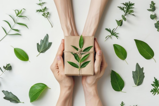 Photo top view of hands exchanging a sustainable wrapped present amid green leaves