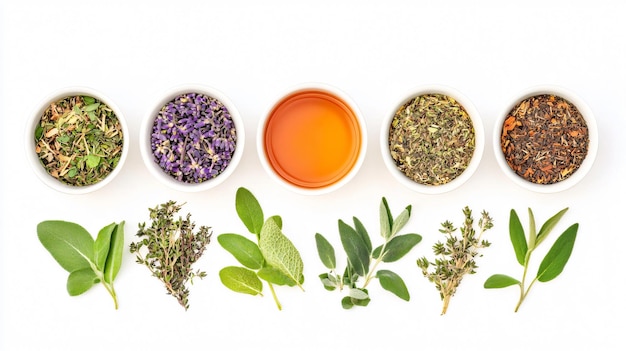 Top View of Herbal Tea Cup with Various Herbs Isolated