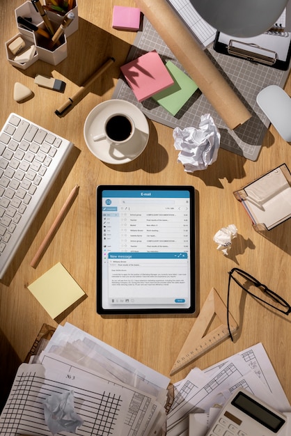 Top view of messy office workspace with stationery