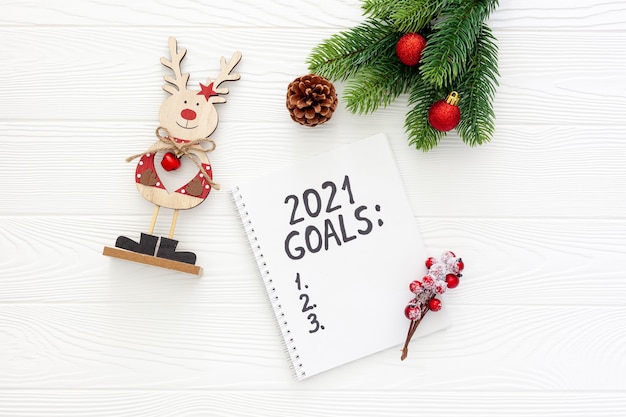 Top view new year goals list on table