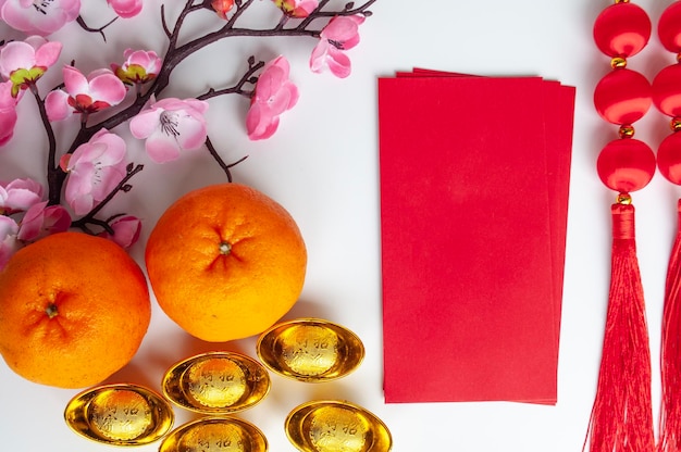 Photo top view of red packet with customizable space for text or greetings lunar celebrations