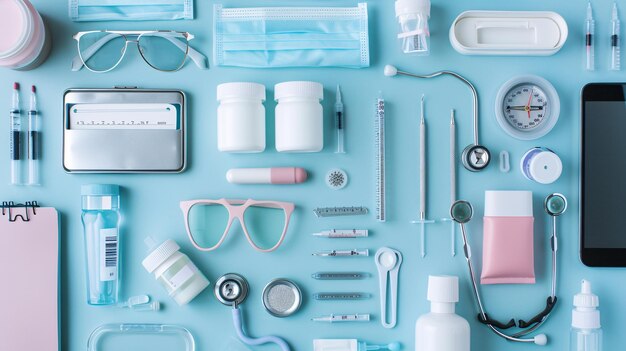 Photo top view of various healthcare items neatly arranged on a pastel blue surface