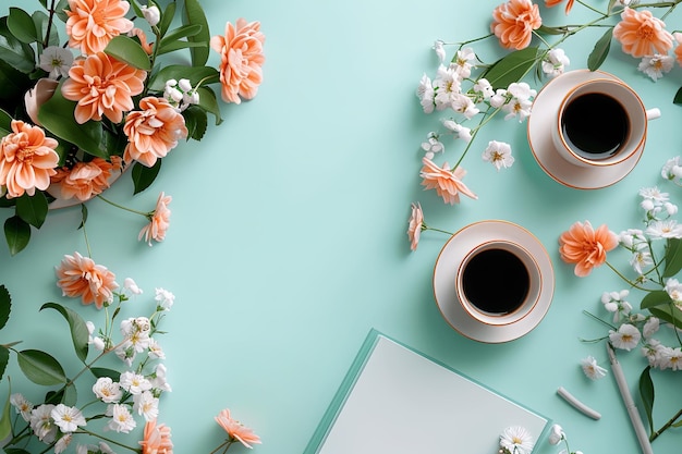 Photo top view white coffee cup on a blue table with flowers peaceful and calming