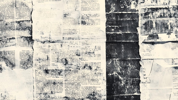 Torn and faded newspaper collage with black ink text and faded white paper